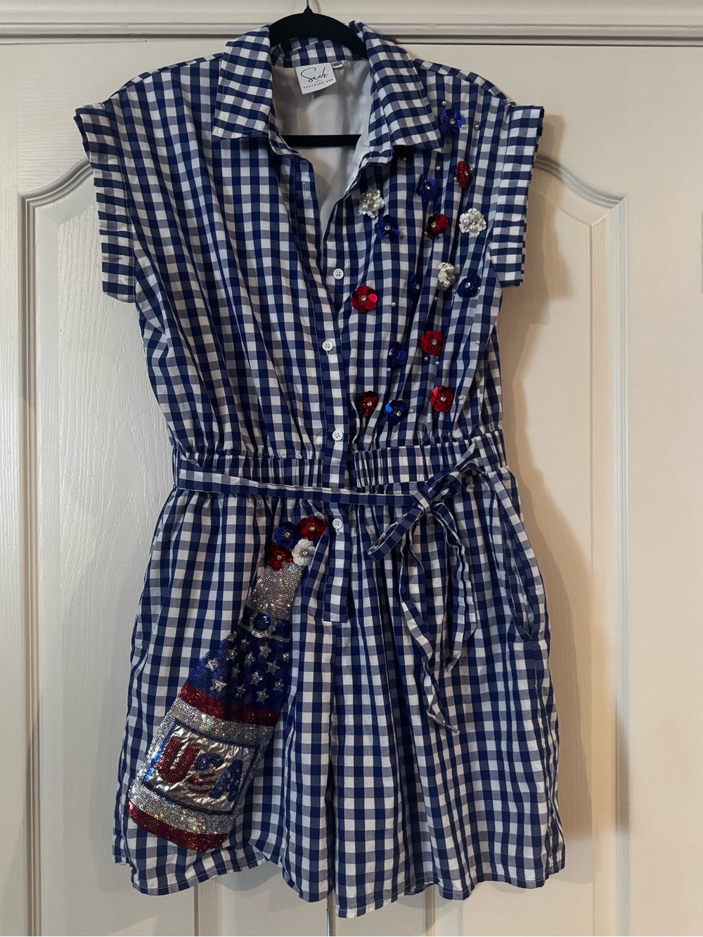 Sequin Embellished Blue Gingham Romper